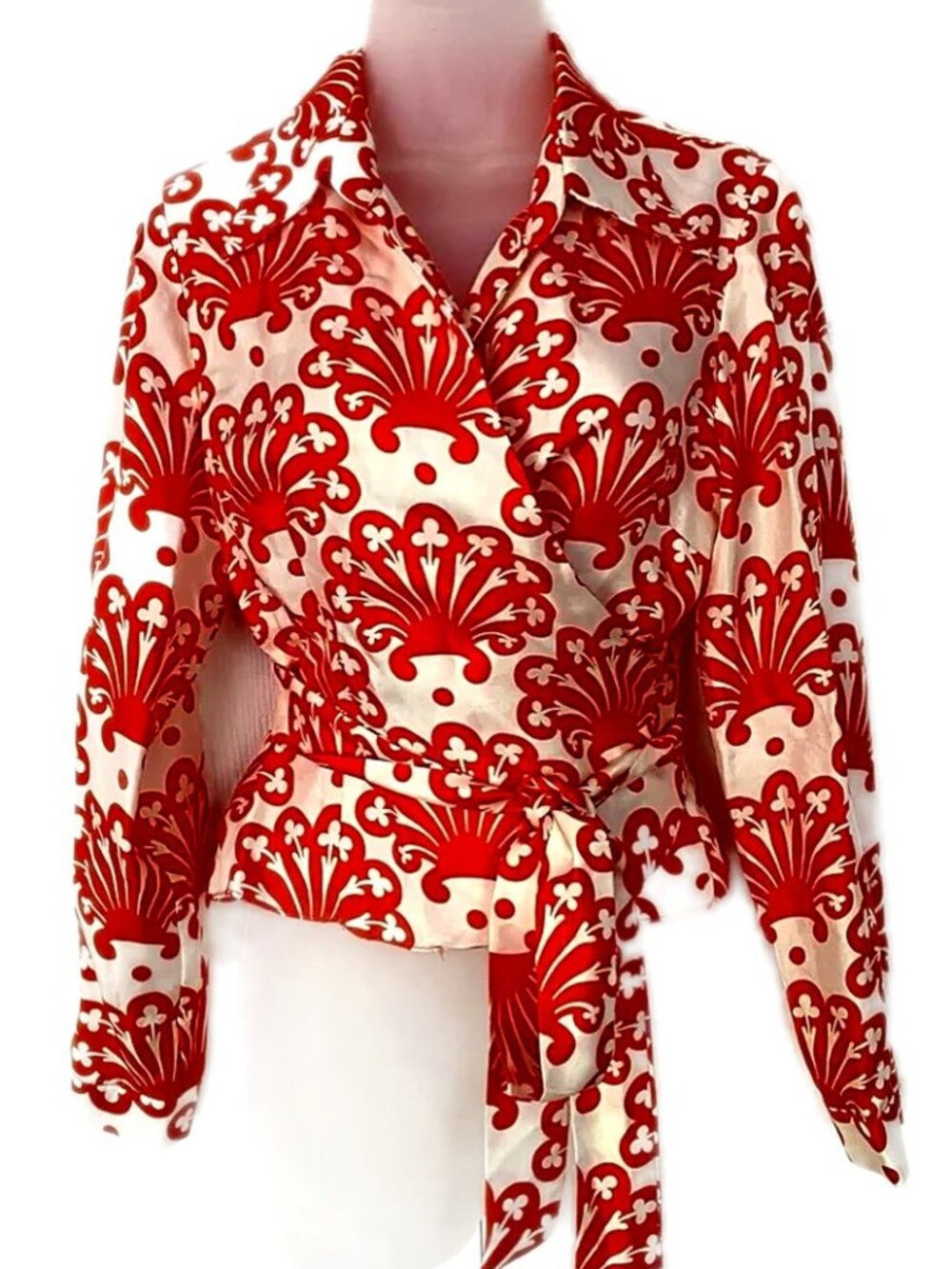 Milly of New York Women’s Top Silk Wrap Blouse Long Sleeve Orange White size 6